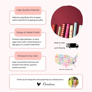 May include: Image showcasing gift wrapping paper rolls with various patterns and colors. Text highlights high-quality material, glossy or matte finish, and that the paper is printed in the USA. The text also mentions the paper is made to order with quick shipping.