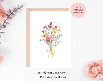 Printable Botanical Card | DIGITAL INSTANT DOWNLOAD | Watercolor Minimal Card, Wildflowers Bouquet Greeting Card, Printable Envelopes