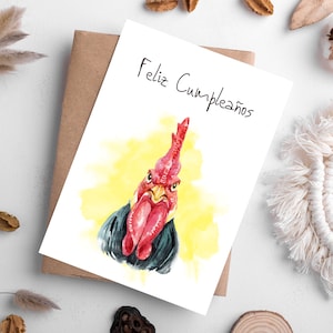 Gallo Feliz Cumpleaños Printable Card, Funny Watercolor Chicken Greeting Card, Homestead Gift, Digital Download Incl. Printable Envelope