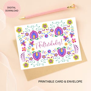 ラテン系メキシコの花が描かれた Felicidades の印刷可能なカード、婚約または結婚のお祝いカード、デジタル ダウンロード、印刷可能な封筒付き。