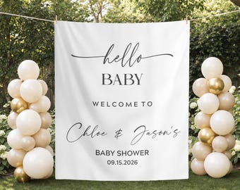Sfondo per baby shower "Hello", decorazioni personalizzate per baby shower, striscione personalizzato per baby shower, cartello di benvenuto classico per baby shower