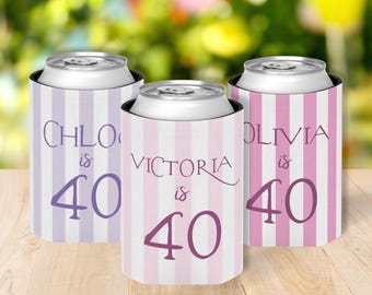 Portabevande personalizzati per il 40° compleanno, bomboniere personalizzate per feste di compleanno, portabevande personalizzati a righe rosa per il 30° compleanno, portabevande per il 50° compleanno