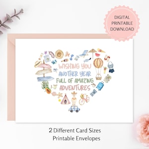 Cartão de aniversário para imprimir para ela, cartão de viagem em aquarela, mais um ano cheio de aventuras, download digital, envelopes para imprimir