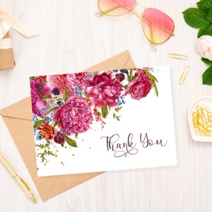 Carte de remerciement imprimable florale, aquarelle de pivoines bordeaux pour mariage ou carte de voeux A7 entreprise avec enveloppe à imprimer, téléchargement numérique