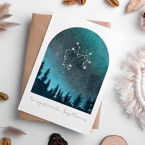 Biglietto di auguri di compleanno con la costellazione del Sagittario, download digitale, biglietto di auguri di astrologia acquerellata da novembre a dicembre con buste stampabili bonus