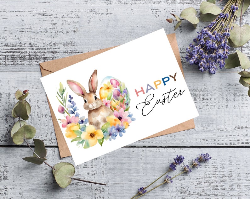 Happy Easter Printable Card DIGITAL DOWNLOAD Printable Easter Bunny Card, Watercolor Easter Greeting Card With Printable Envelope image 10