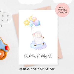 Tarjeta de Hola Bebé Imprimible, Linda Tarjeta de Recién Nacido con Acuarela para Niño o Niña con Ovejas y Globos, DESCARGA DIGITAL, Sobre Imprimible incl.