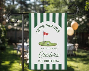 Bandiera da giardino per il primo compleanno "Let's Par-Tee", decorazione personalizzata per feste a tema golf, cartello di benvenuto personalizzato per il golf, decorazione per il giardino per feste a tema "Hole in One".