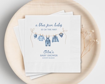 A Blue Jean Baby Is On The Way Custom Napkins, Baby Shower Table Decor, Custom Boy or Girl Name Western Party Decorations Set of 50 or 100