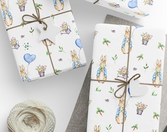 Storybook Rabbit Baby Shower Wrapping Paper Roll, Watercolor Bunny, Carrots And Blue Balloons Packaging, All Occasion | Birthday Gift Wrap
