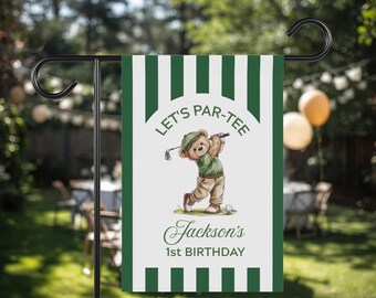 Bandiera da giardino con orsetto di peluche che gioca a golf, decorazione personalizzata per feste a tema golf, cartello di benvenuto per il primo compleanno, decorazione per il giardino per la festa "Hole in One".