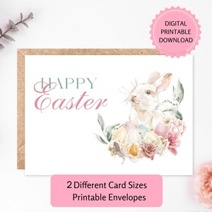 Tarjeta imprimible de Pascua / DESCARGA DIGITAL / Tarjeta de felicitación de conejito de Pascua con huevos, diseño floral en acuarela, sobres imprimibles