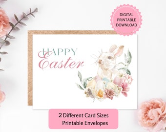 Tarjeta imprimible de Pascua feliz / DESCARGA DIGITAL / Tarjeta de felicitación de conejito de Pascua con huevos, tarjeta floral de diseño de acuarela, sobres imprimibles