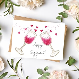 Printable Engagement Card With Wine Glasses | DIGITAL DOWNLOAD | Cheers Happy Engagement Card With Hearts, Printable Envelope Included
