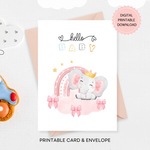 Tarjeta imprimible de "Hola Bebé Niña", adorable tarjeta de acuarela para recién nacida con un elefante en una nube con estrellas, descarga digital con sobre imprimible.