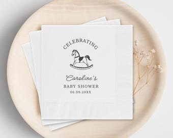 Personalized Welcome Baby Shower Napkins, Rocking Horse Custom Name Gender Neutral Table Decor, Boy or Girl Party Napkins Set of 50 or 100