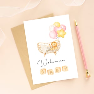 Cartão de boas-vindas para bebê para impressão, cartão fofo de aquarela para menino ou menina recém-nascido com leão e girafa, DOWNLOAD DIGITAL, envelope bônus para impressão