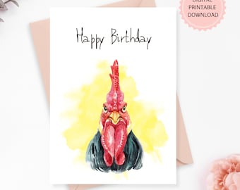 Funny Rooster Birthday Card: Watercolor Angry Chicken Greeting Card (Digital Download)