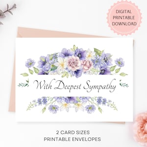 Floral druckbare Beileid Karte, Lila Blumen Beileid Karte, DIGITAL DOWNLOAD, Unterstützung Karte für den Verlust von jemandem mit druckbaren Umschlägen