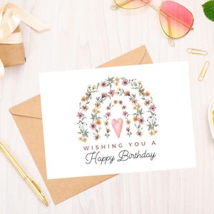 Tarjeta de feliz cumpleaños imprimible con flores / DESCARGA DIGITAL / Arcoíris de flores y corazones de acuarela, Tarjeta de felicitación, Sobres imprimibles