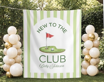 Sfondo personalizzato per baby shower a tema golf "Nuovo arrivato al club", decorazioni per feste a tema country club, striscione personalizzato per baby shower, cartello di benvenuto a tema golf.