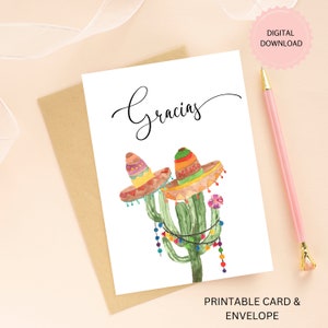 Tarjeta de agradecimiento imprimible, descarga digital, tarjeta de agradecimiento para fiestas españolas con cactus y sombreros de acuarela, sobre imprimible incluido.