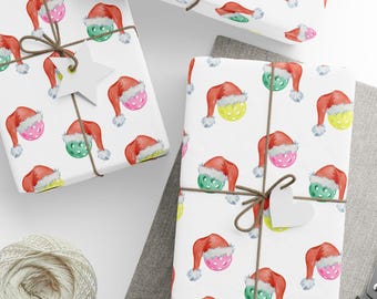Pickleball Christmas Wrapping Paper: Santa Hats Pickle Balls Sports Gift Wrap Packaging