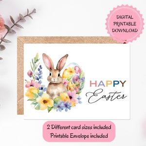 Cartão de Feliz Páscoa para Imprimir | DOWNLOAD DIGITAL | Cartão de Coelhinho da Páscoa para Imprimir, Cartão de Saudação de Páscoa em Aquarela com Envelope para Imprimir