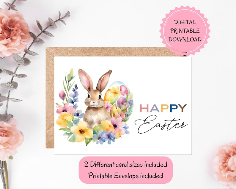 Happy Easter Printable Card DIGITAL DOWNLOAD Printable Easter Bunny Card, Watercolor Easter Greeting Card With Printable Envelope image 1