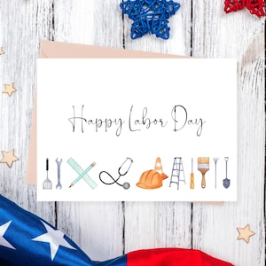 Minimalistic Happy Labor Day Printable Card, Watercolor Greeting Card With Labor Day Tools, Digital Download, Printable Envelope Included
