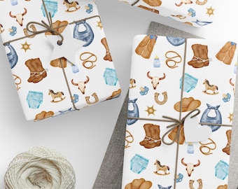 Cowboy Baby Wrapping Paper Roll, Watercolor Little Cowboy Packaging Paper, Wild West Western Boy Gift Wrap, Blue Outdoors Rodeo Country