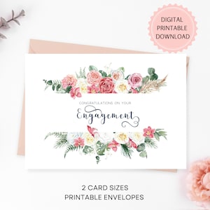 Druckbare Karte zur Verlobung, SOFORTIGER DOWNLOAD PDF, Aquarell Blumen Glückwunschkarte, Glückwünsche zur Verlobung, druckbare Umschläge inklusive