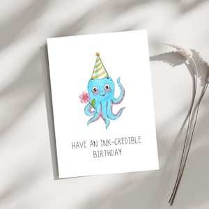 Cartão de feliz aniversário com polvo fofo, Cartão de melhor amiga em aquarela, Cartão de aniversário engraçado, Presente de aniversário para ela, Download digital, Envelopes para impressão
