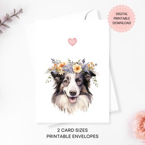 Border Collie Hund Karte, druckbare Grußkarte, Blanc Karte, Border Collie Haustier, digitaler Download, Aquarell Karte mit druckbaren Umschlägen