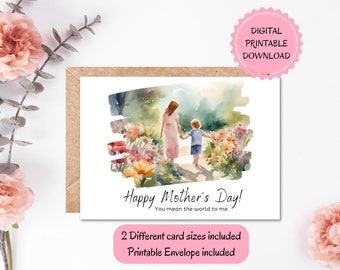 Mother's Day Printable Card | DIGITAL DOWNLOAD | Watercolor Art With Mother and Son In A Garden | Greeting Card with Printable Envelope