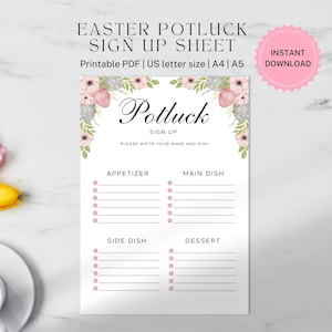 Könnte beinhalten: Druckbarer Oster-Potluck-Anmeldezettel mit floralem Design. Das Blatt hat Abschnitte für Vorspeisen, Hauptgericht, Beilage und Dessert. Es steht "Potluck Sign Up" und "Bitte schreiben Sie Ihren Namen und Ihr Gericht".