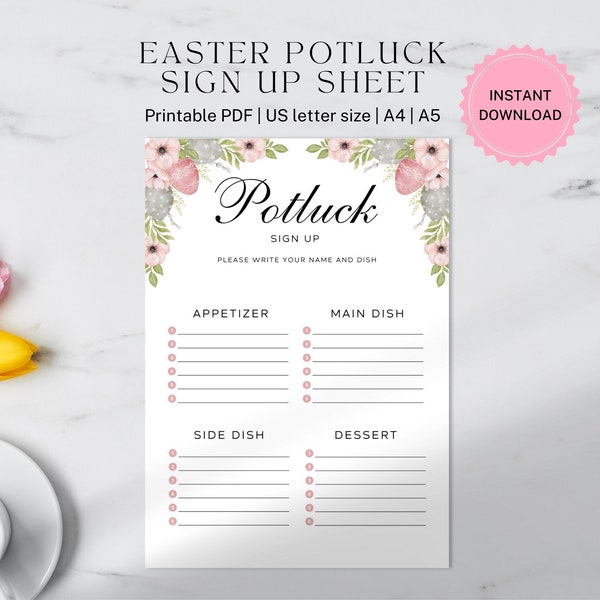 Easter Potluck Sign Up Sheet | Printable Sign Up Sheet | | Digital Download |  Watercolor Design| PDF A4 A5 US Letter Printable