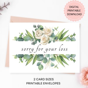 Aquarel afdrukbare condoleancekaart | Gecondoleerd | DIGITALE DOWNLOAD | Witte rozen Sorry voor je verlies Kaart met afdrukbare enveloppen