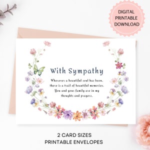 Aquarel afdrukbare condoleancekaart, condoleancekaart, DIGITALE DOWNLOAD, Wildflowers halve krans ondersteuningskaart met afdrukbare enveloppen