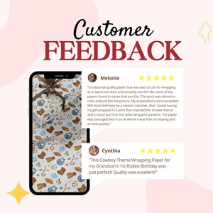 May include: A smartphone displays a gift wrapped in cowboy-themed paper with boots, hats, and horseshoes. The image includes customer feedback with text that reads "Customer FEEDBACK".