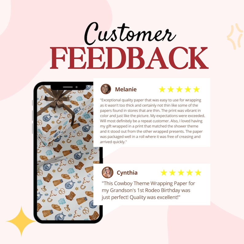 May include: A smartphone displays a gift wrapped in cowboy-themed paper with boots, hats, and horseshoes. The image includes customer feedback with text that reads "Customer FEEDBACK".