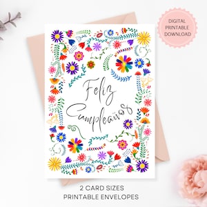 Cartão para impressão Feliz Cumpleaños, Cartão de aniversário espanhol para amigos, Flores mexicanas em aquarela, Download digital, Envelopes para impressão de bônus