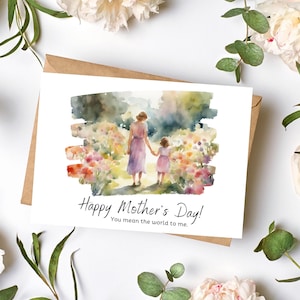 Tarjeta imprimible del Día de la Madre / DESCARGA DIGITAL / Tarjeta de acuarela de madre e hija en un jardín / Tarjeta de felicitación, sobres imprimibles