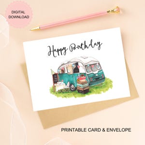 Camper Geburtstagskarte zum Ausdrucken, Grußkarte in Wasserfarben, DIGITALER DOWNLOAD, druckbarer Umschlag inklusive