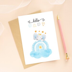 Tarjeta imprimible de Hola Bebé Niño, Linda Tarjeta de Acuarela para Recién Nacido con Elefante sobre un Arcoíris con Estrellas, DESCARGA DIGITAL con Sobre Imprimible