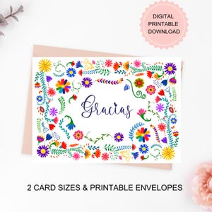 Tarjeta elegante imprimible de agradecimiento, descarga digital, tarjeta de agradecimiento en español con arte de flores mexicanas en acuarela, sobres imprimibles incluidos