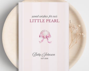 Shell Be Here Soon Baby Shower Guestbook, Pink Pearl with Bow Baby Memory Book, Baby Keepsake, Advice and Wishes Book