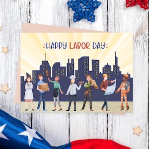 Happy Labor Day Printable Card, Watercolor Greeting Card With Different Employees In The City, Digital Download, Printable Envelope Included