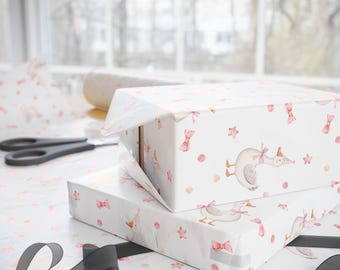 Silly Goose Birthday Wrapping Paper Roll, Watercolor Geese and Bows Gift Wrap, Girl Baby Shower Party, Pink Goose 1st Birthday Packaging