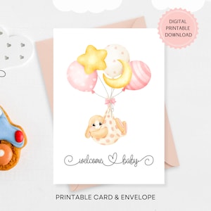 Cartão de boas-vindas para bebê para impressão, cartão fofo de aquarela para menina recém-nascida com coelho e balões, DOWNLOAD DIGITAL, envelope bônus para impressão